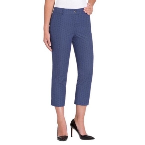 Hilary Radley Geo Print High Waist Blue Cropped Pants Slim Leg Stretch Slit Hem - Picture 16 of 16